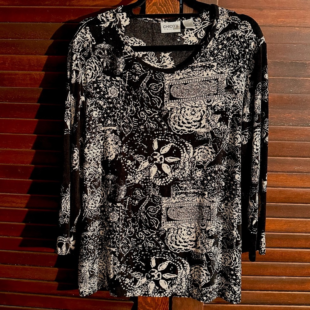 Chico's Travelers Black & Cream Top 3/4 Sleeve Slinky Soft Flowy Size 3 = 16 XL